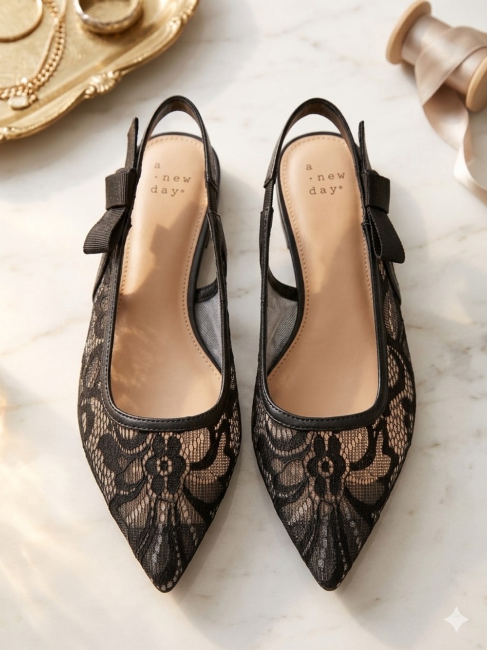a new day Black Lace Pointed Slingback Flats